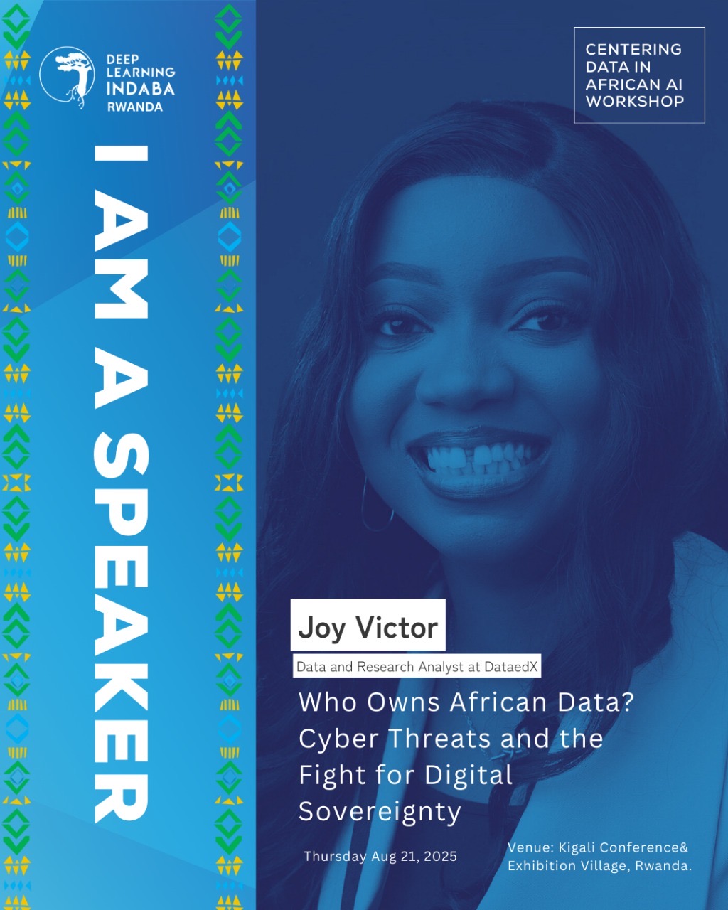 Speaker poster for Joy Victor’s Who Owns African Data talk at Deep Learning Indaba Rwanda